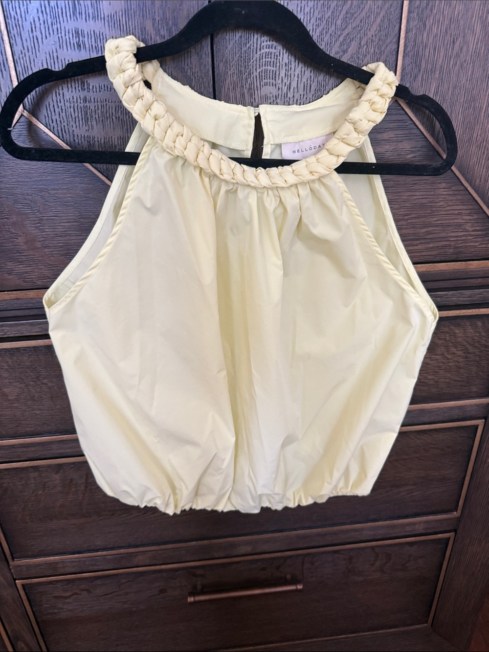 MELLODAY Braided-Neck Top with bubble hem in bright Yellow size XS